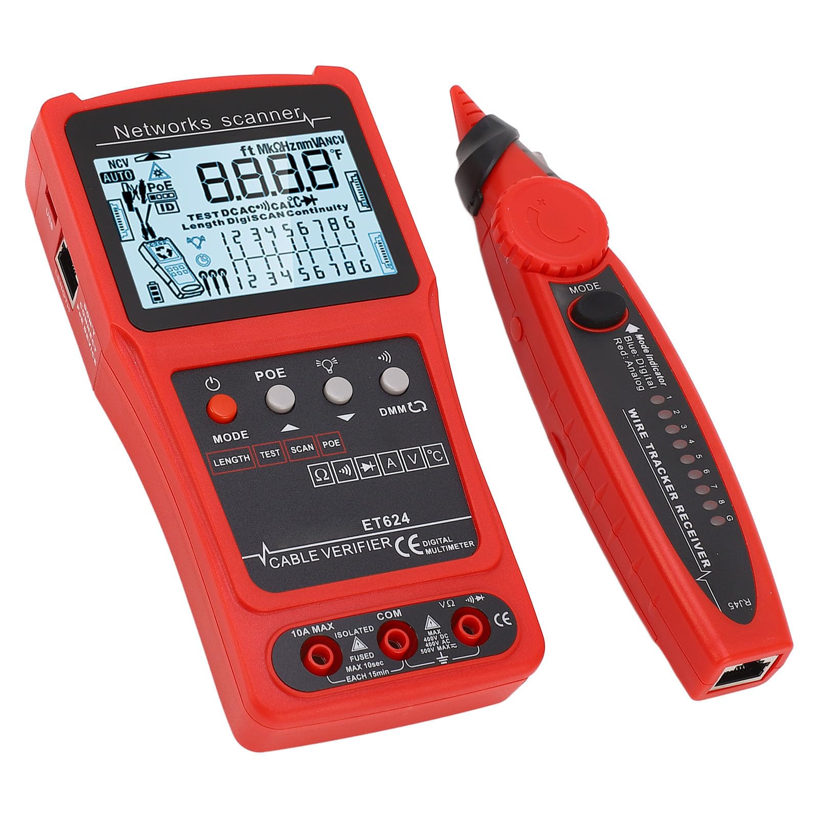Yinhing Multifunktionaler Wire -Kabeltester mit POE-Prüfung, Digitaler Schaltkreisanalysator mit Eingebauter Batterie für CAT5- und CAT6-Ethernet-Kabel, Spannungsprüfung, Fehlerort und -länge