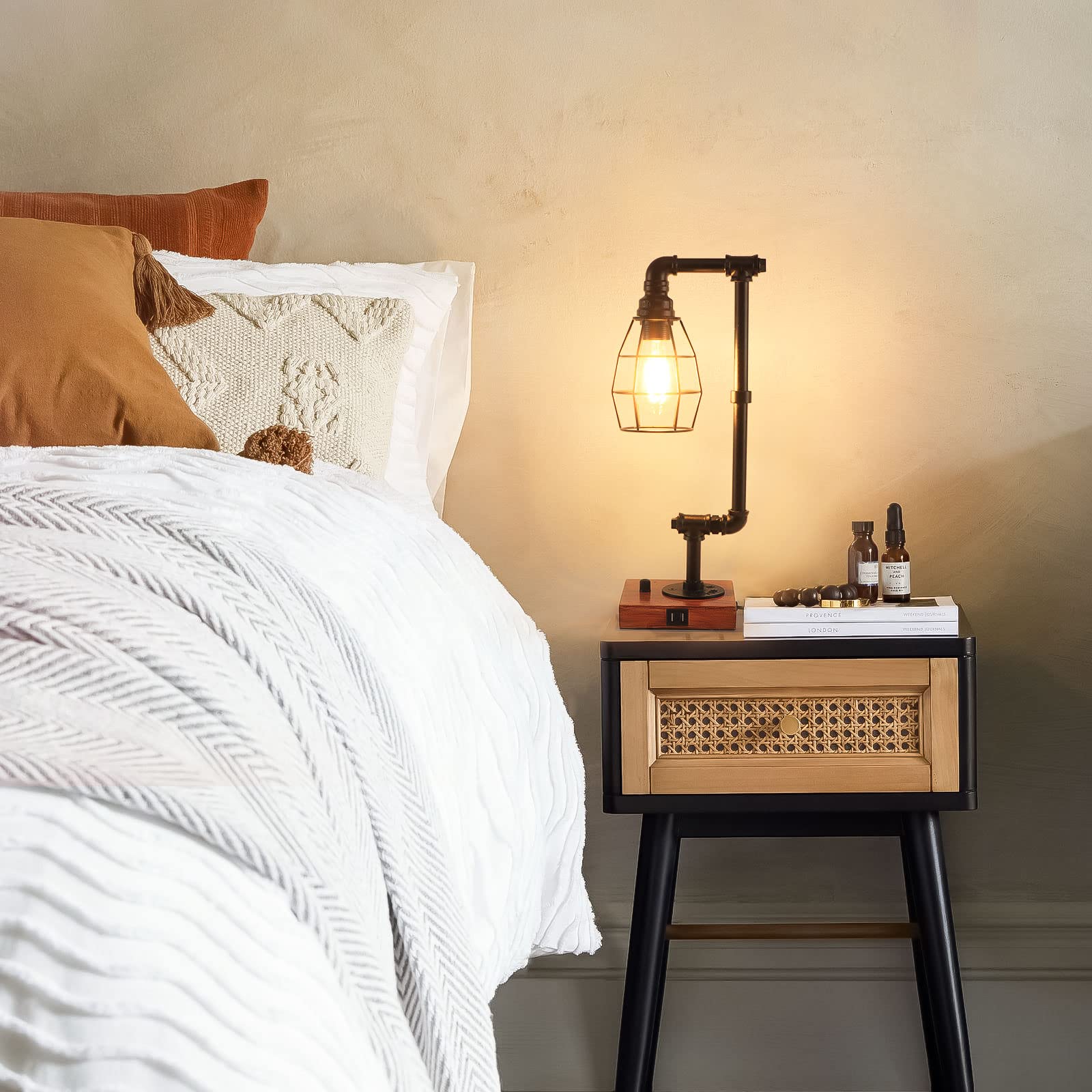 Zorykn Steampunk Table Lamp, Fully Stepless Dimmable Industrial Nightstand Lamp with Dual USB Ports, Metal Pipe Edison Rustic Lamp for Living Room, Bedroom, Farmhouse Decor, 6W LED Bulb Included