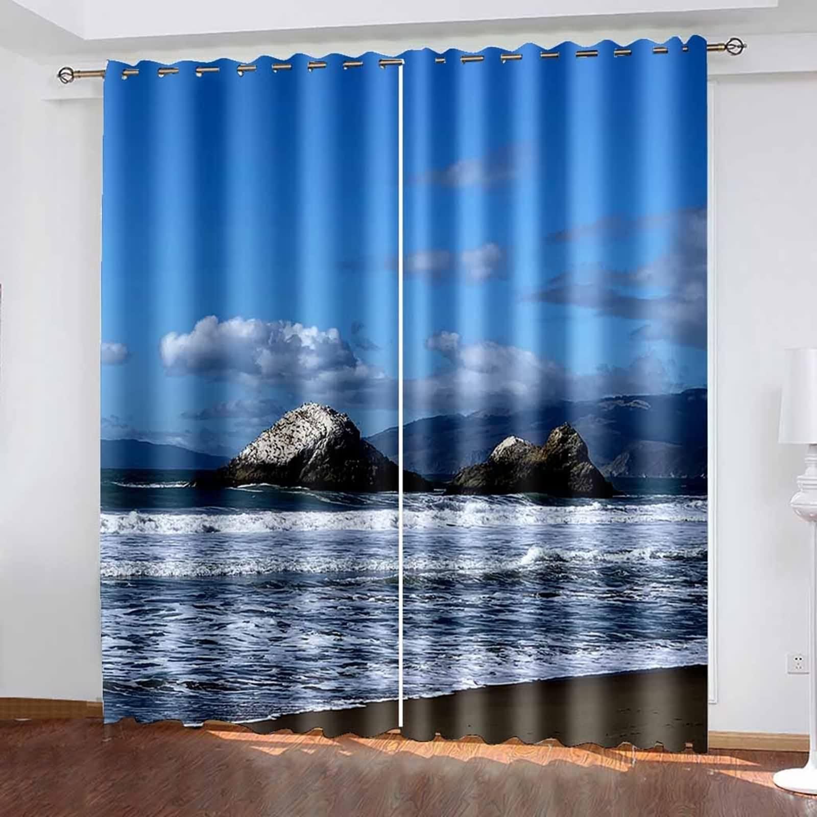 Verdunklungsvorhänge Schlafzimmer, Gardinen Verdunklung 2er Set Blaugrau Polyester Ozeanlandschaft Dekoration 2 Stück B 86 x H 214 cm
