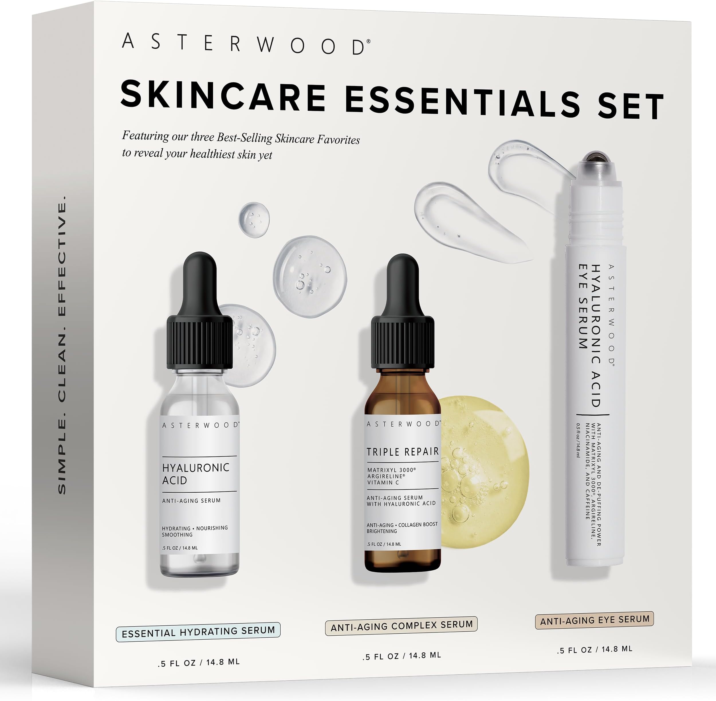 Asterwood Skin Care Set - with Hyaluronic Acid & Triple Repair Serums, Under Eye Serum - Skincare Essentials - Hydrating, Moisturzing, Anti-Aging - Fragrance-Free