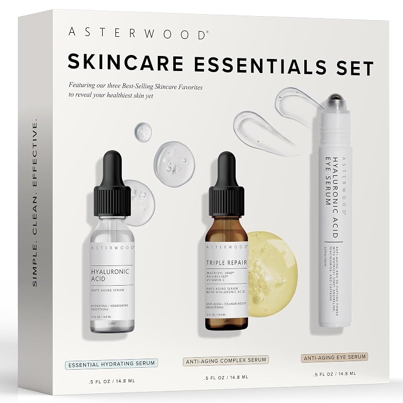 Asterwood Conjunto de Cuidados com a Pele com Séruns de Ácido Hialurônico e Triple Repair, Sérum para a Região dos Olhos, Sem Fragrância