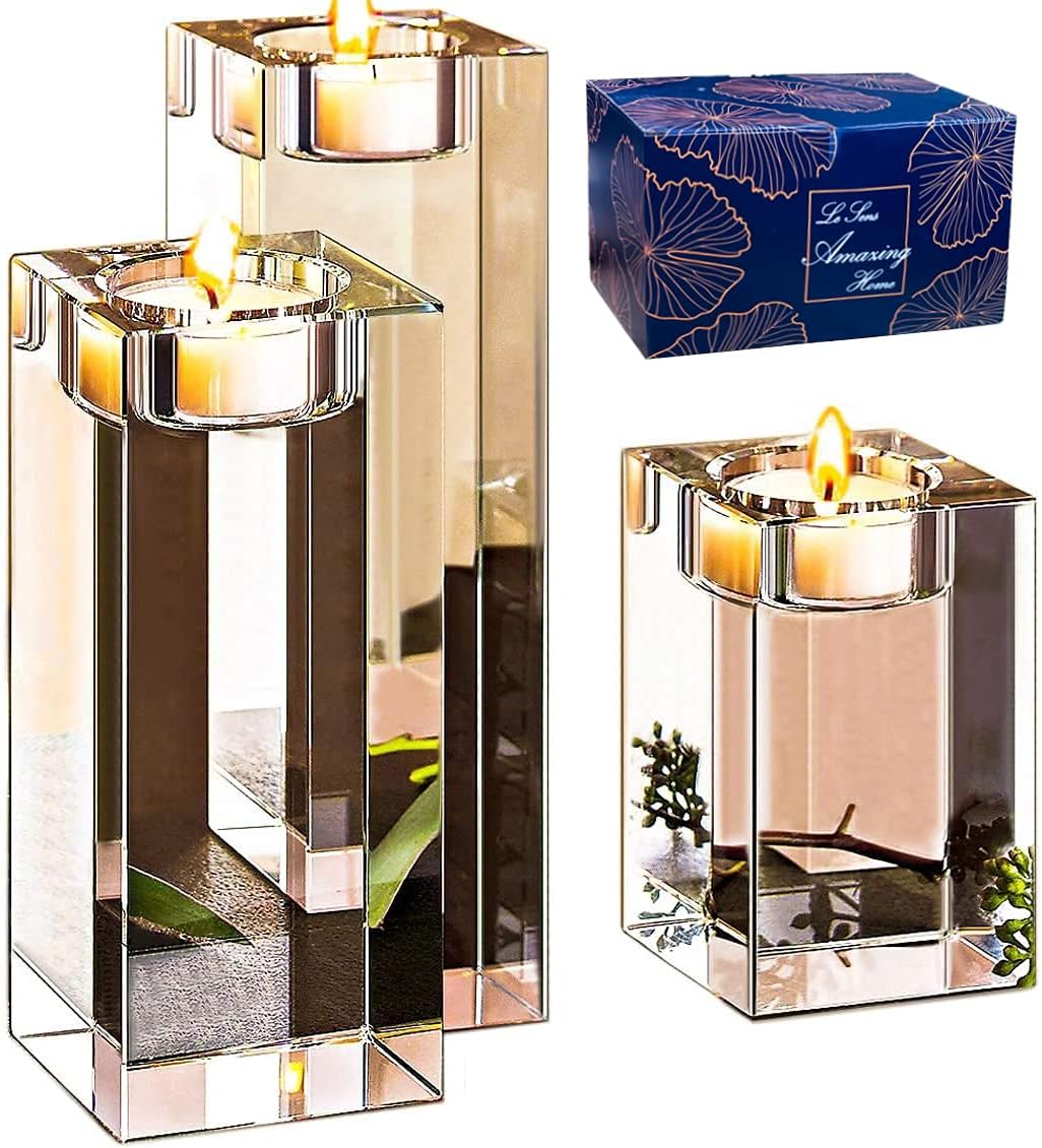 Large Crystal Candle Holders Set of 3, 3.1/4.7/6.2 inches Height, Heavy Solid Square Tealight Holders Set Centerpieces for Home Decoration, Wedding