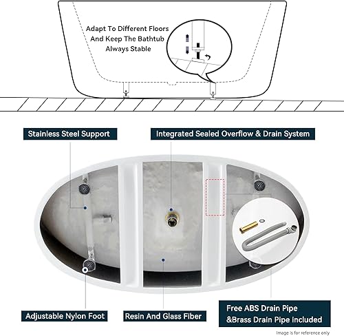 Miniatura 6 de FerdY Tahití - Bañera independiente de acrílico de 55 pulgadas, elegante bañera de remojo de forma ovalada, blanco brillante, drenaje negro mate y