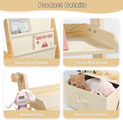 Miniatura 6 de Estantería para niños y organizador de juguetes 2 en 1, estante para libros para habitaciones de niños con cubo de juguetes móvil, estante de 4