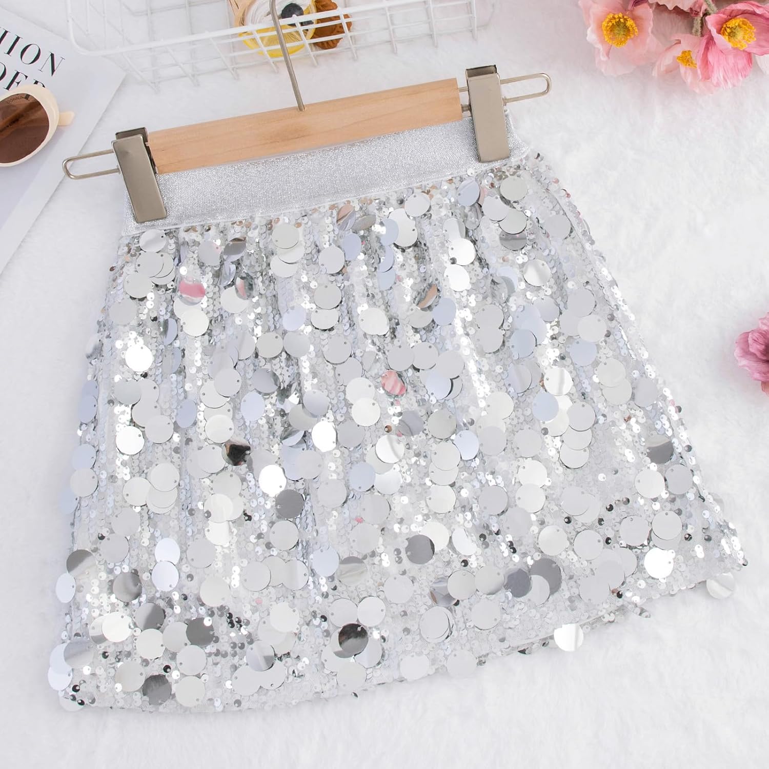 DAXIANG Girls Sparkly Sequin A Line Skirt Kids Elastics Waist Shiny Skirt with Built in Shorts for Party Birthday 5-12 Years - Image 4