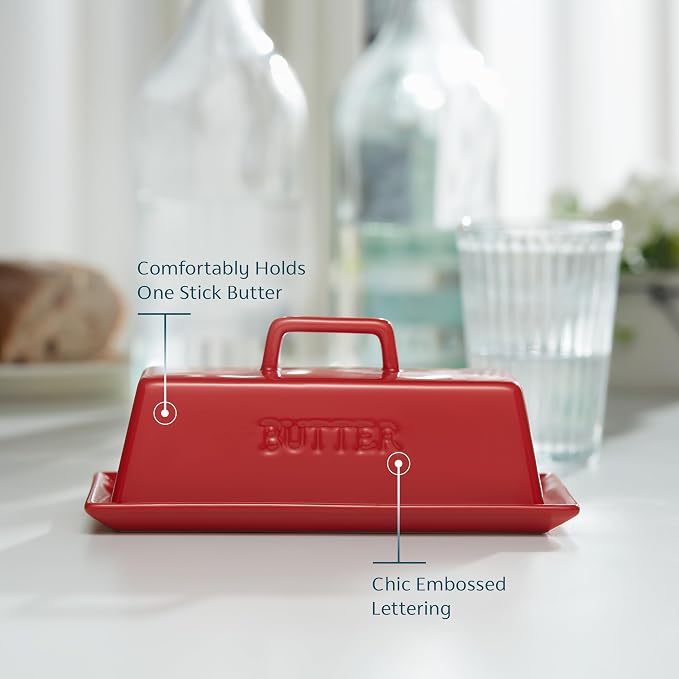 KooK Butter Dish with Lid for Countertop, Ceramic Butter Dish, Butter Tray with Cover, Kitchen Butter Keeper, Butter Container, Butter Holder, Holds 1 Stick, Microwave and Dishwasher Safe, Red