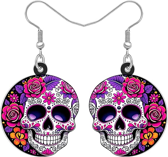 Novelty Halloween Gifts Sugar Skull Dangle Earrings for Women, Acrylic Floral Spooky Day of the Dead Mexican Gothic Design, Goth Halloween Holiday Costumes Jewelry
