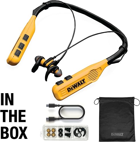 Miniatura 9 de DEWALT Auriculares de cuello Bluetooth 2-en-1 de alta resistencia con altavoces incorporados, altavoz portátil para el lugar de trabajo y