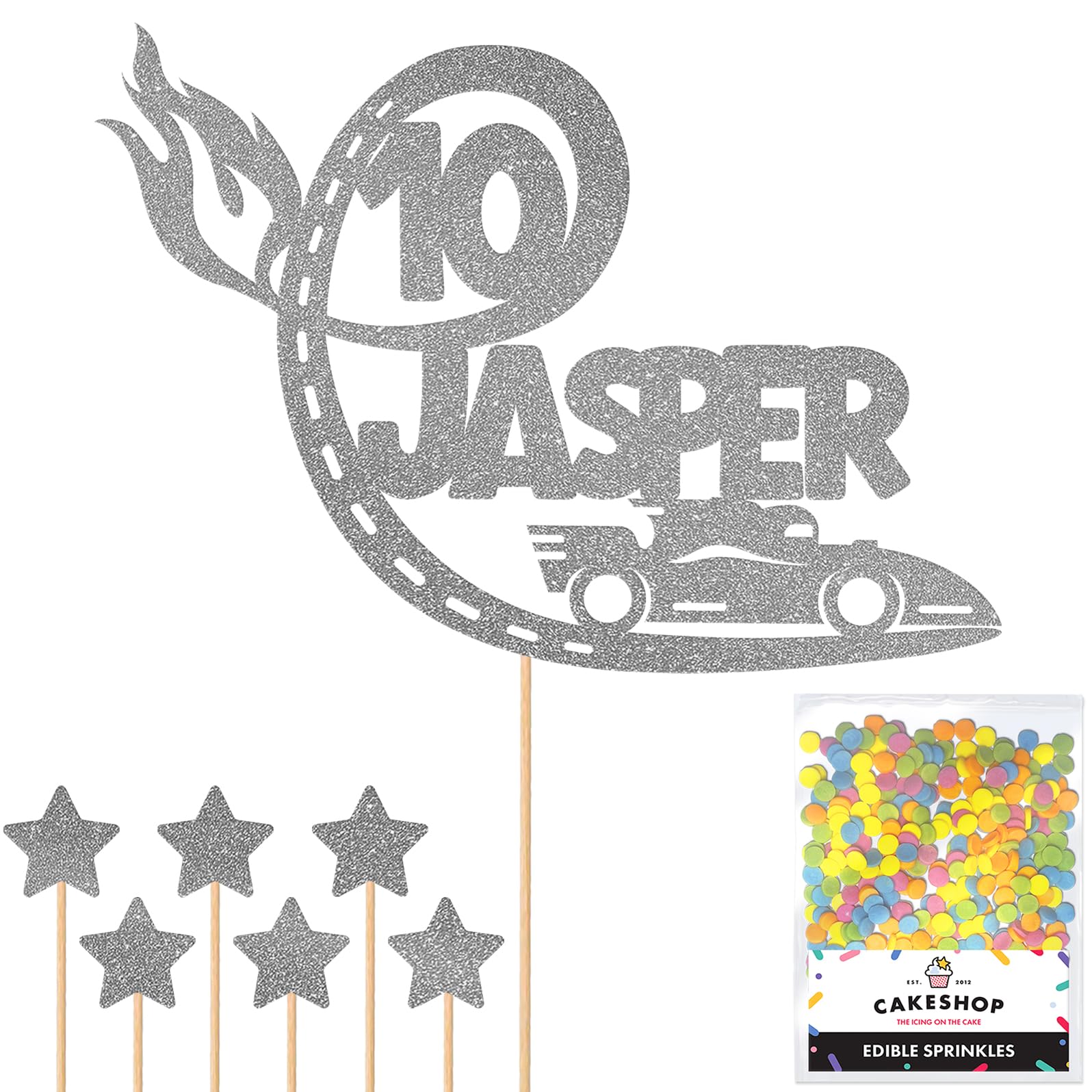 Personalised F1 Motor Racing Car Glitter Cake Topper - Dark Silver Custom Age & Name Glitter Cake Decoration and Sprinkles - Happy Birthday Decorations - Personalised Toppers for Cakes by Cakeshop — image 1