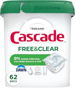 Cascade Free & Clear Dishwasher Pods, Dishwasher Detergent, Dish Detergent Soap, Unscented, 62ct