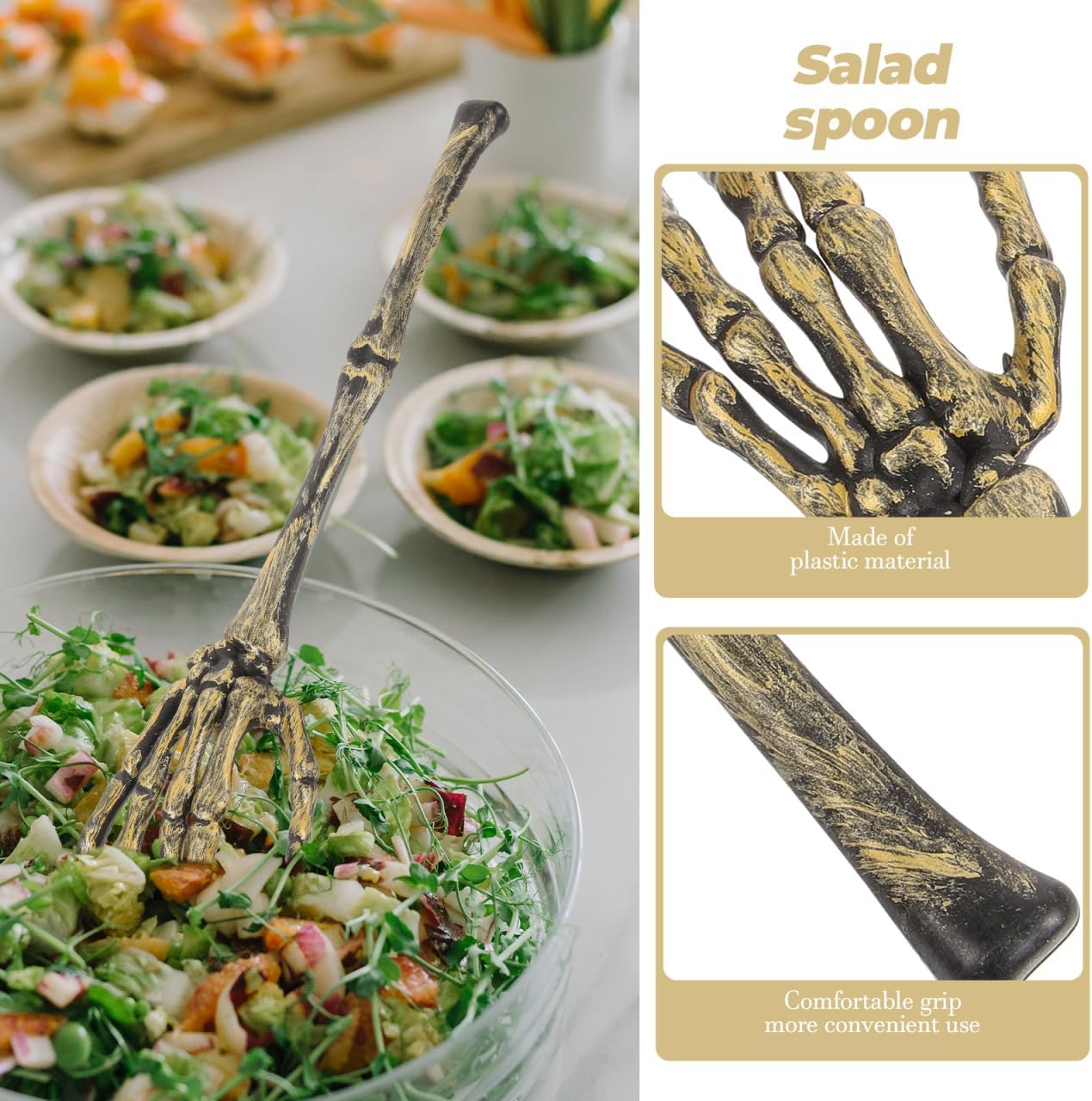 DOITOOL 1 Pair Halloween Skeleton Hand Salad Tong Spoon 13 Inch Gothic Hand Skull Claw Tong Salad Spoon Mixing Stirring Tableware for Party Food Table Decoration
