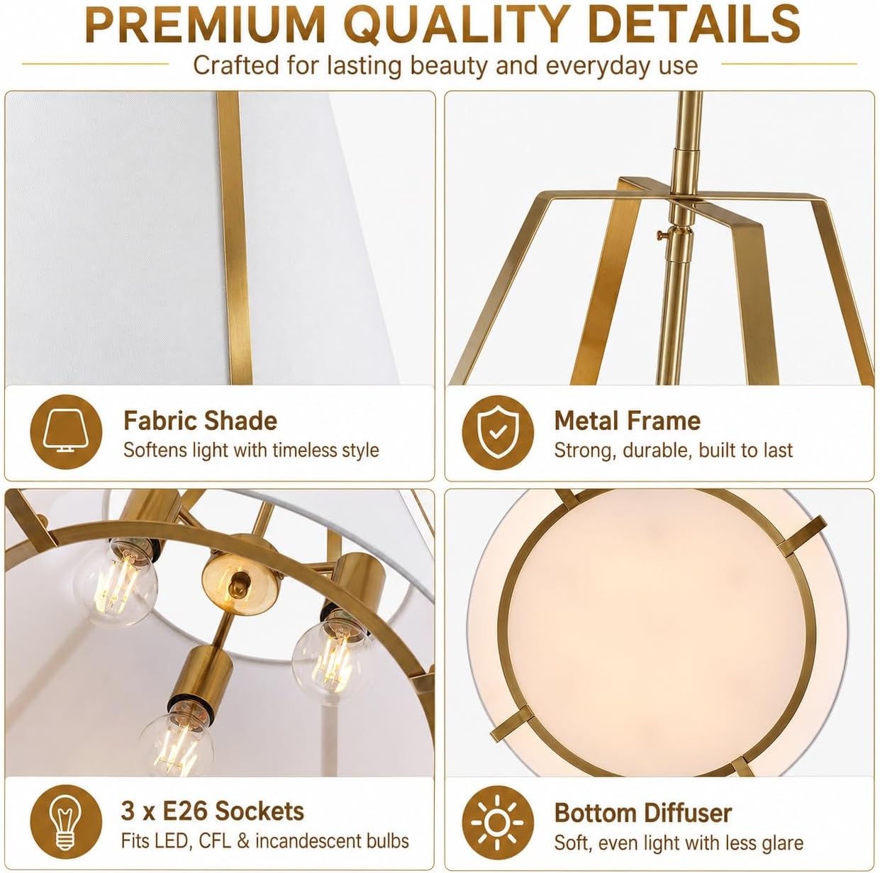 18 Inch Large Modern Pendant Light with White Fabric Shade, 3-Light Drum Pendant Lighting Brushed Gold Chandelier for Kitchen Island, Dining Room, Foyer, Bedroom