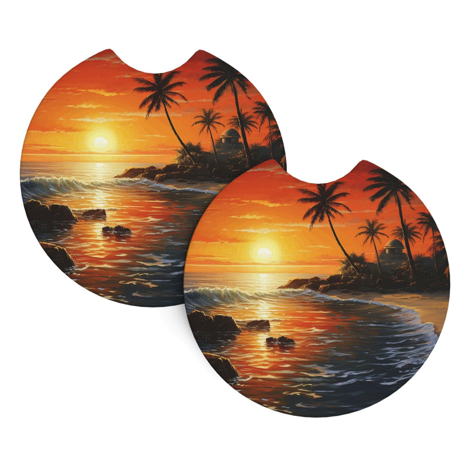 2 Pack Car Coaster for Cup Holders Palm Tree Sun Landscape Car Cup Coaster 2.7" Neoprene Non-Slip Automotive Cup Mat Universal Auto Car Interior Accessories for Women Men Cup Pad