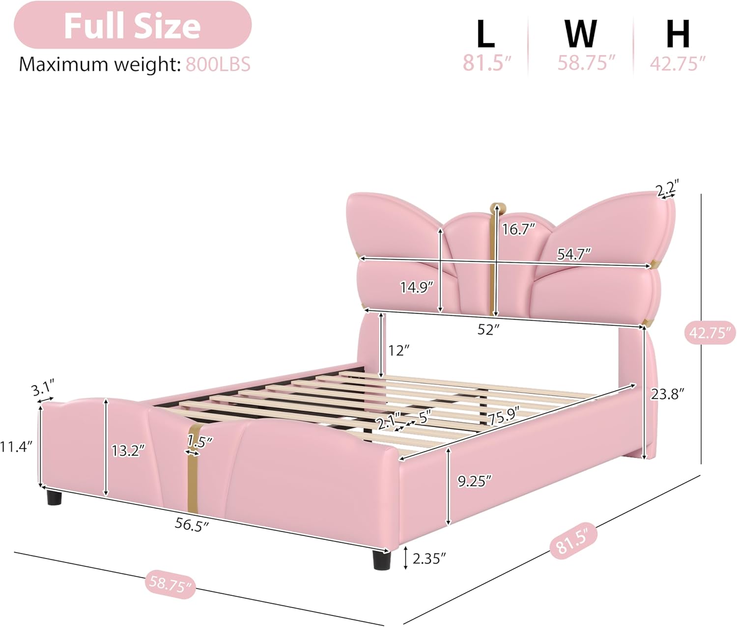 Pink Bed Frame with Butterfly Headboard and Footboard Full Size PU Leather Upholstered Platform Bed with Gold Decor Wooden Slat Support Noise-Free No Box Spring Needed