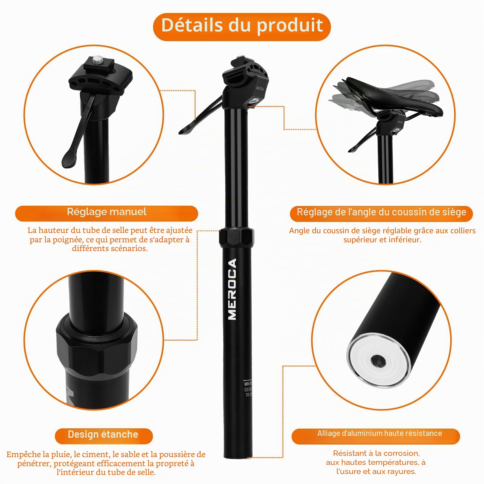 Tige de Selle télescopique pour vélo, télescopique en Alliage d'aluminium 30,9/31,6 mm,Tige de Selle télescopique hydraulique pour Adulte VTT,réglage de la Course de la Tige,Hauteur réglable