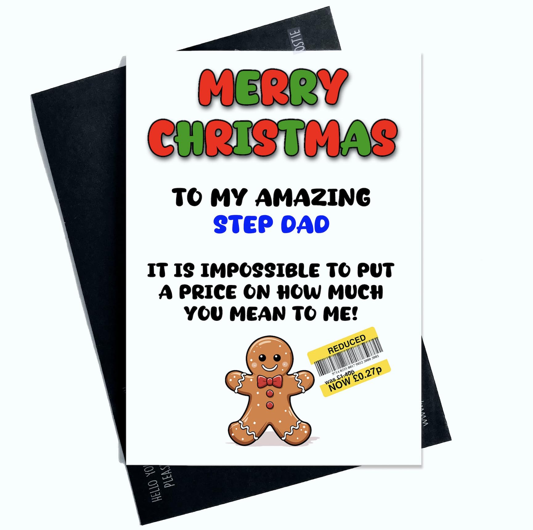Peachy Antics Merry Christmas Card for Step Dad – Funny Reduced Sign Joke Holiday Greeting – Humorous Xmas Card for Him – Stepdad Christmas Card – SP327
