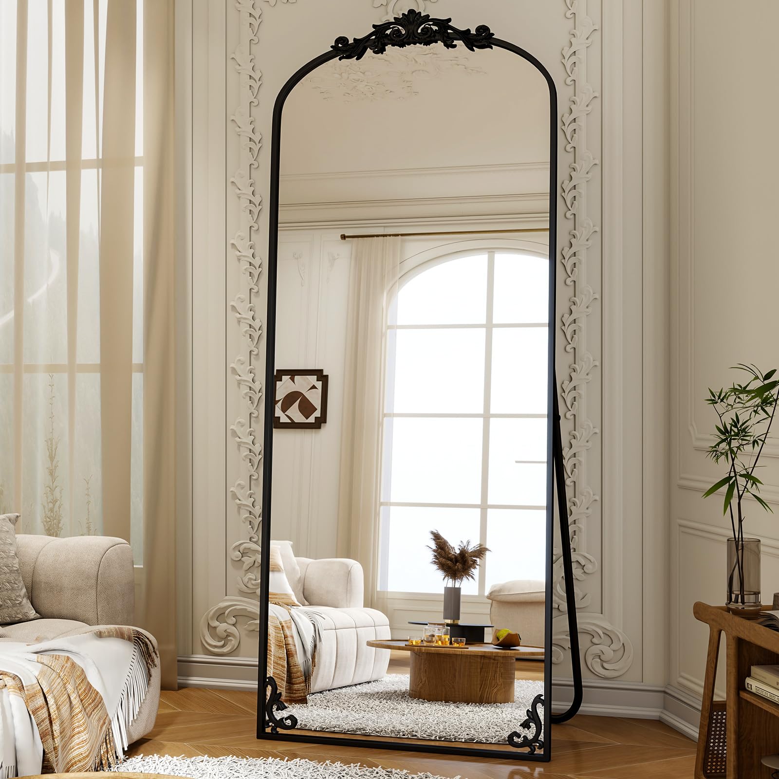 arched full length mirror, 71'' x 28'' vintage full body mirror with carved for home decor, standing floor mirror for wall for living room, bedroom, cloakroom, black, retro style