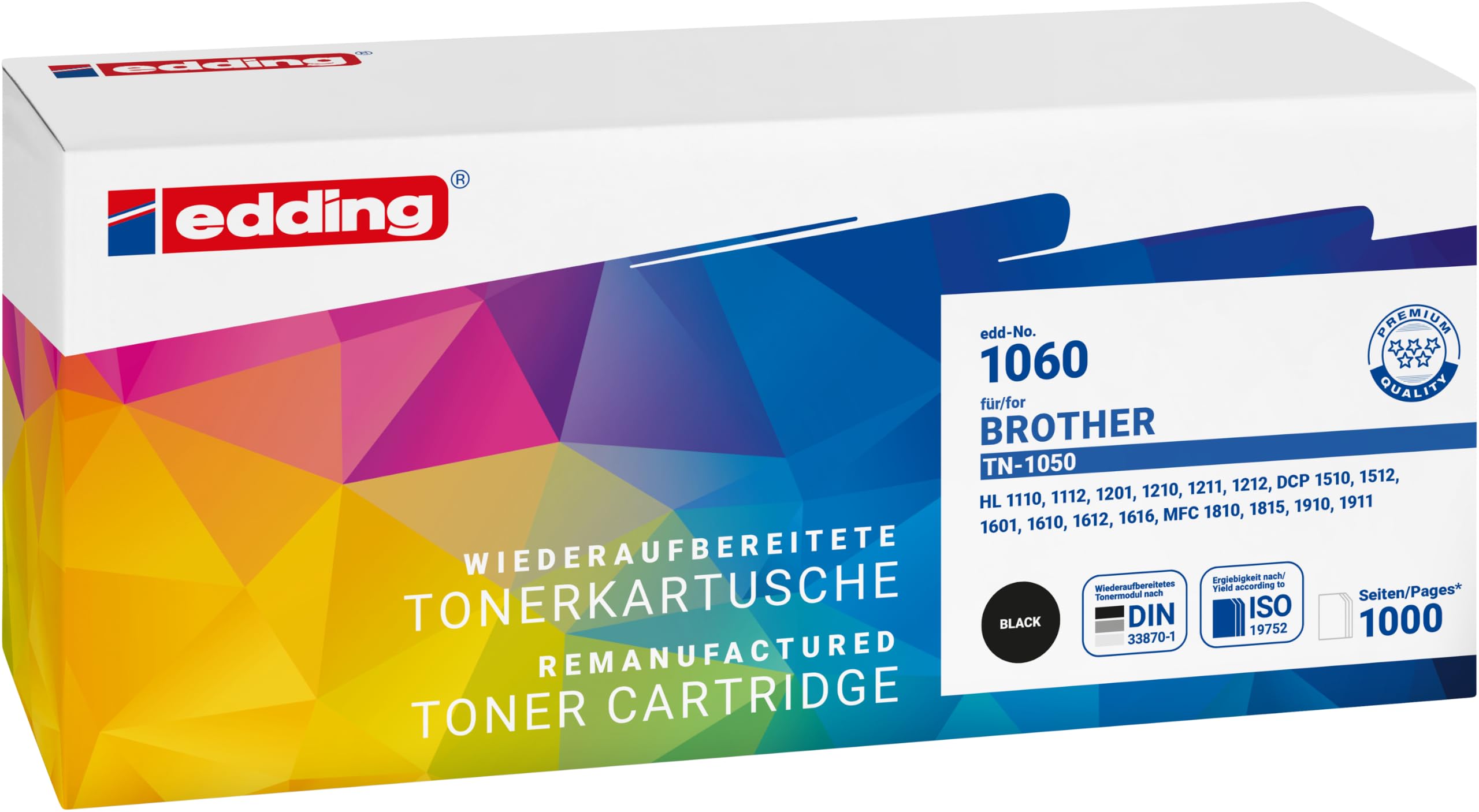 edding Tonerkartusche EDD-1060 - Schwarz - Ersatz für Brother TN-1050 | Wiederaufbereitet nach DIN 33870-1, Schwarz, Reichweite 1000 Seiten