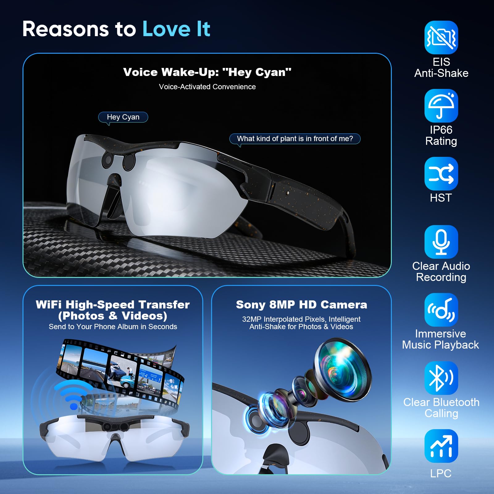 AI Lunettes intelligentes avec caméra, lunettes de sport avec caméra, mini caméra d'action, 1080p HD, petite caméra vidéo, lunettes d'enregistrement vidéo, prise en charge de la photo pour