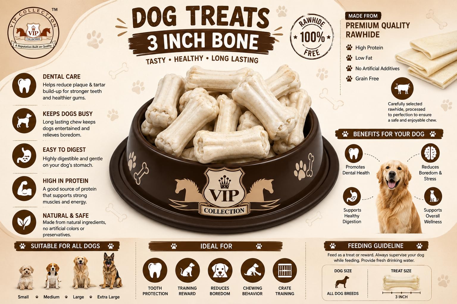 VIPCOLLECTION Dog Chew Bones 3 Inch Rawhide Dog Treats, Natural Chewing Bones for Small & Medium Dogs, Supports Dental Health, Training Reward & Daily Chew Snack (72) 1