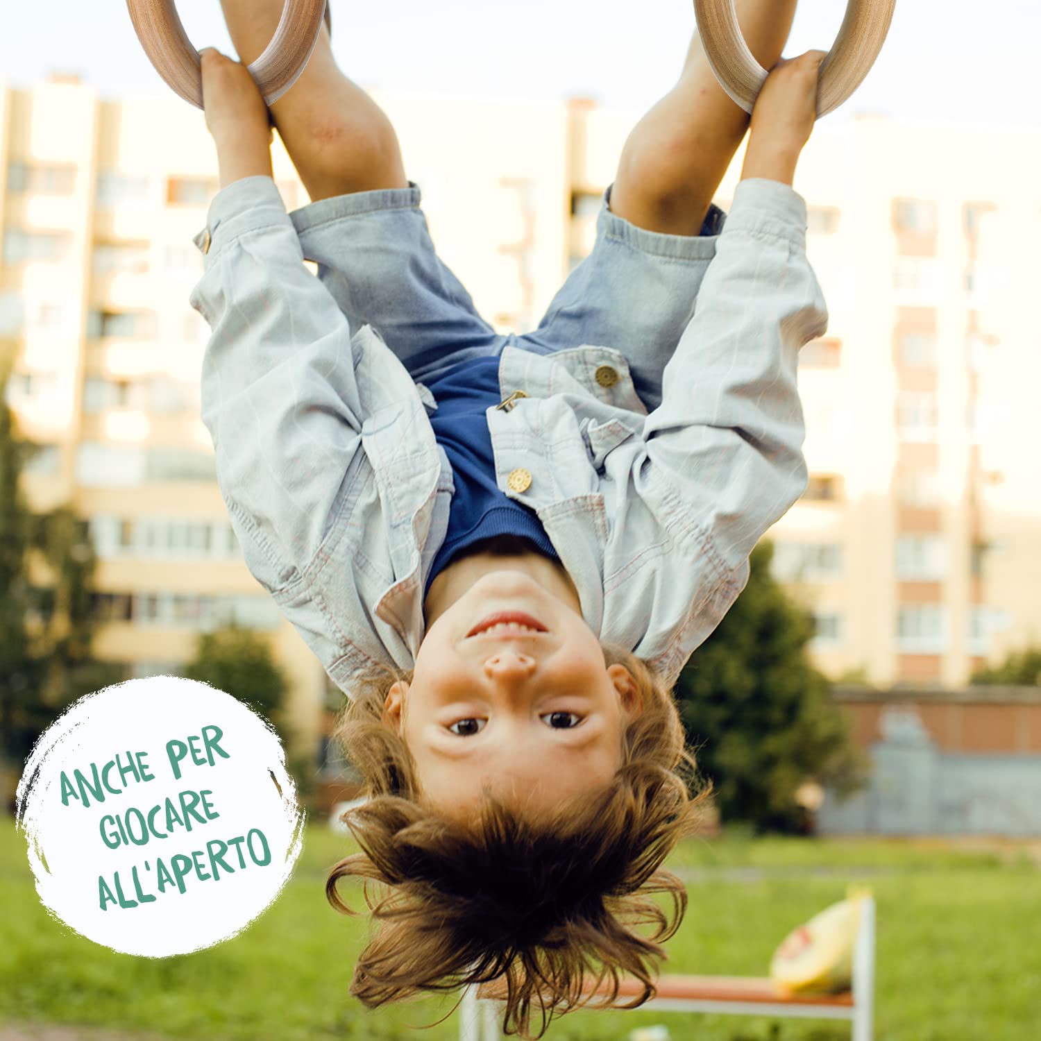 KLEINTOBER Anelli da ginnastica in legno di alta qualità, per bambini e adulti, per esterni e interni, altezza regolabile, con istruzioni per il fitness e lo sport, inclusi
