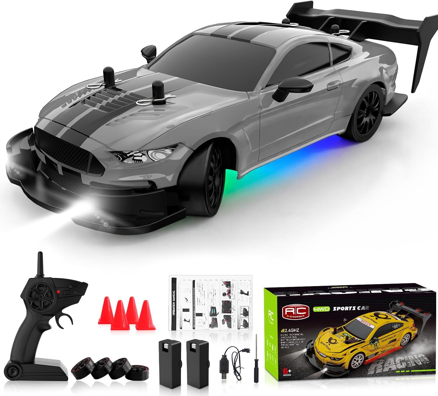 RC Drift Car 1/20 Scale 2.4GHz 4WD Remote Control Car with Led Lights 22KM/H High Speed Rechargeable Batteries Racing Sport Cars RC Cars for Kids Boys Girls Adults Gifts Birthday Christmas