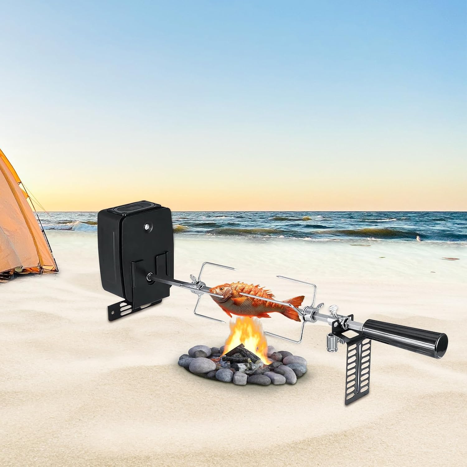 Battery-Powered Rotisserie Grill Kit - 304 Stainless Steel Camping Cookware with Auto-Spin Spit