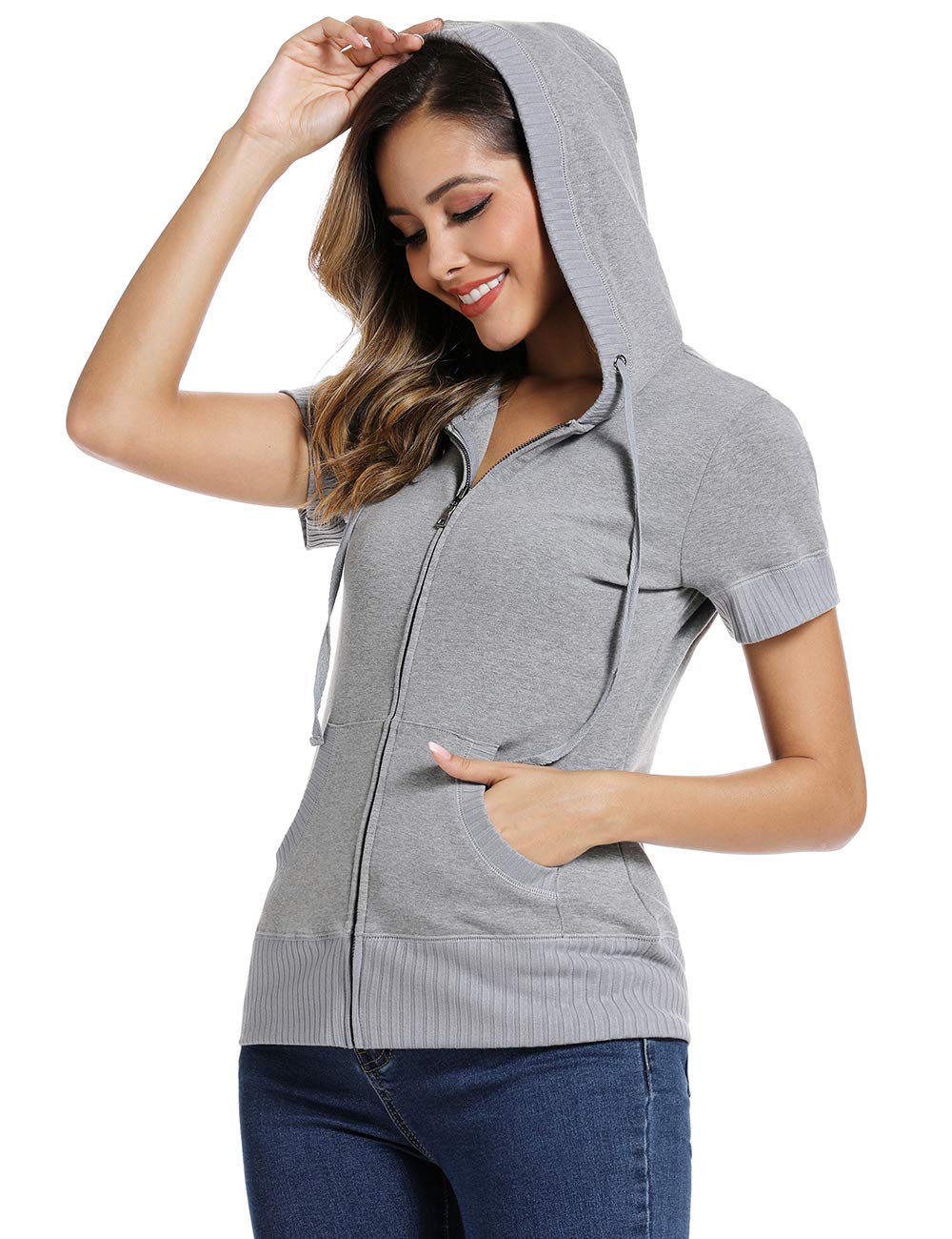 Miss Moly Sweat à capuche à manches courtes pour femme avec fermeture Éclair intégrale en coton fin Coupe slim Kanga Pocket - multicolore - Large(44-46)
