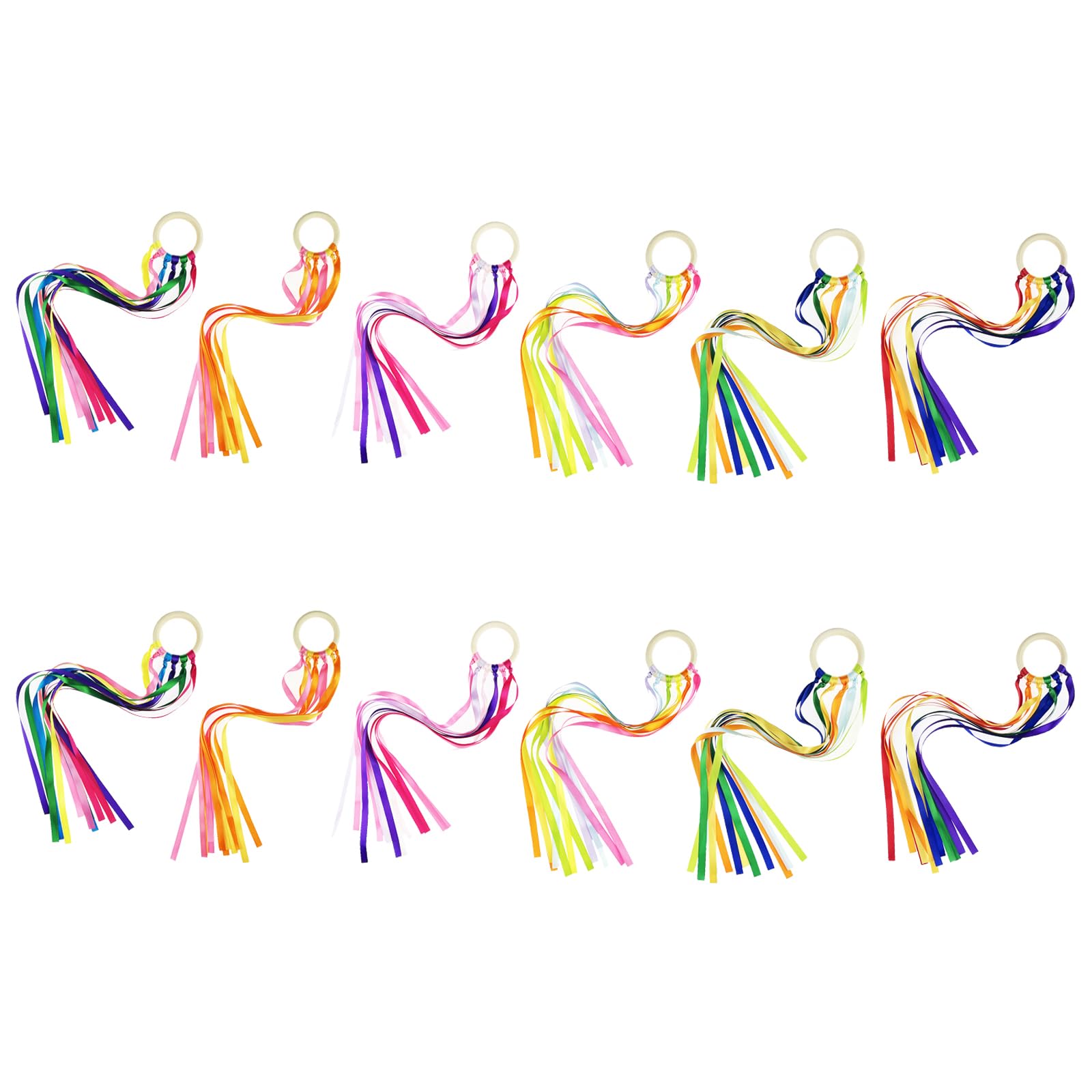 Miokun 24 Pack Hand Kite with Ribbon Streamer and Wood Ring Sensory Learning Educational Toy for Playroom Dance Birthday Gifts (24)