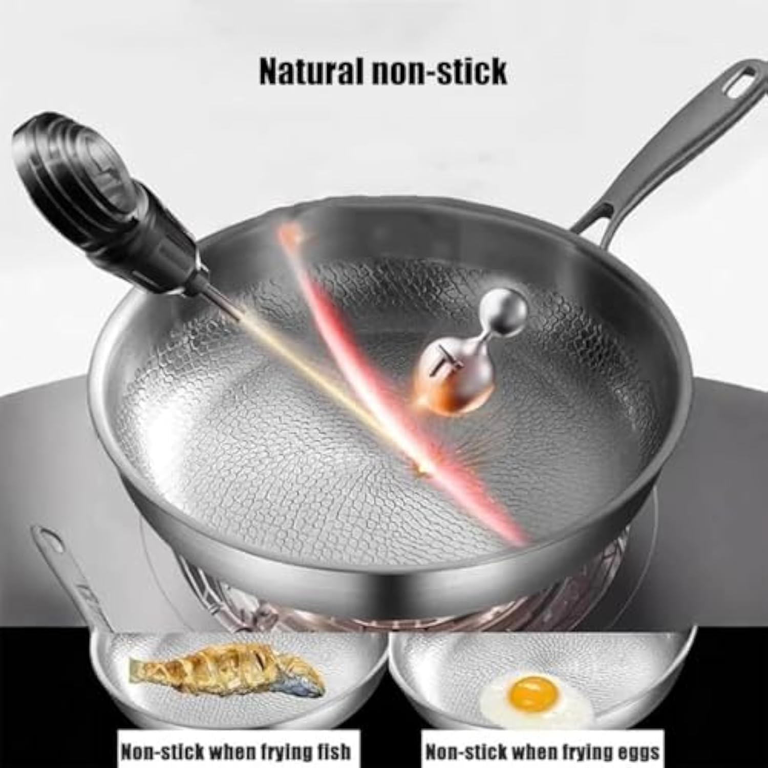 DDRIC Pure Titanium Frying Pan Nonstick, 12" Titanium Hammered Pans for Cooking, No-Coating Ti Skillet with Lid, Extreme Heat Resistant, Scratch Resistant, Long-Lasting Cookware (without Lid,10.2in)