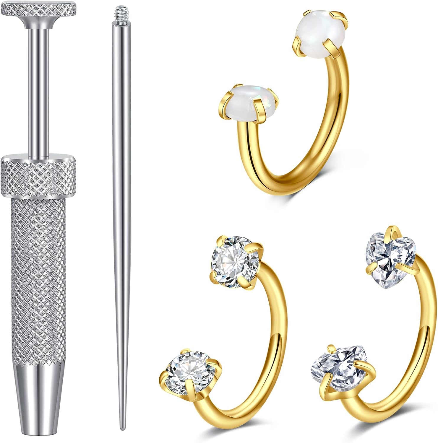 Horseshoe Nose Rings Hoops, 18G Double Gem Opal Pink Heart Horseshoe Nose Rings for Women, Septum Clicker Daith Tragus Helix Rook Eyebrow Lip Piercing Taper Ball Grabber Tool, Piercing Thread Needle Tool Set