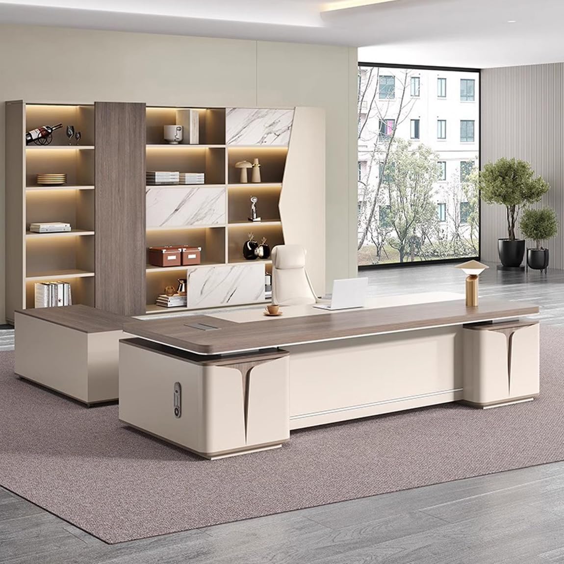 DUWEIKE Executive Desk with Storage Cabinet, Large Wood Office Computer Desk Writing Table, Modern Business Furniture for Study Workstation,2.2m
