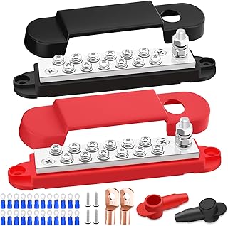 Marine Bus Bar 12V 150A 1/4" Stud Power Distribution Block, Buckle Designed Bottom Battery Busbar, Automotive Buss Bar 12v for Car, Boat and Solar Wiring (Black+Red)
