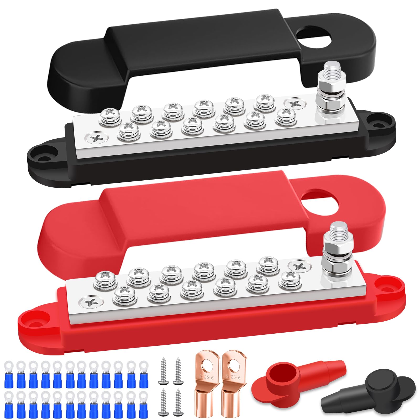 Aienxn Marine Bus Bar 12V 150A 1/4" Stud Power Distribution Block, Buckle Designed Bottom Battery Busbar, Automotive Buss Bar 12v for Car, Boat and Solar Wiring (Black+Red)