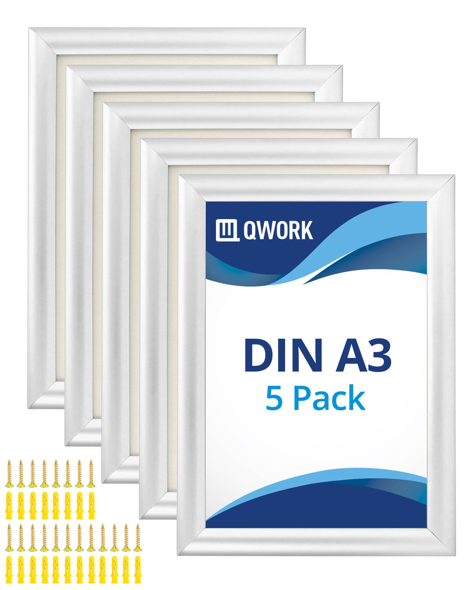 QWORK® Paquete de 5 Marco a Presión - A3 (29,7 x 42 cm) - Perfil de Aluminio de 25 mm - para Póster, Certificados, Dibujos