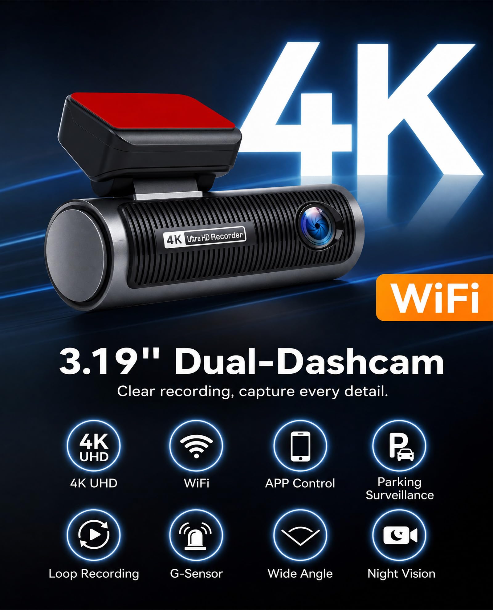 SIXWIN Kamera samochodowa 4K z wyświetlaczem 3,19", podwójna kamera na deskę rozdzielczą z przodu i z tyłu, kamera samochodowa 4K FHD, Wi-Fi i aplikacja, widoczność w nocy, nagrywanie w pętli, czujnik