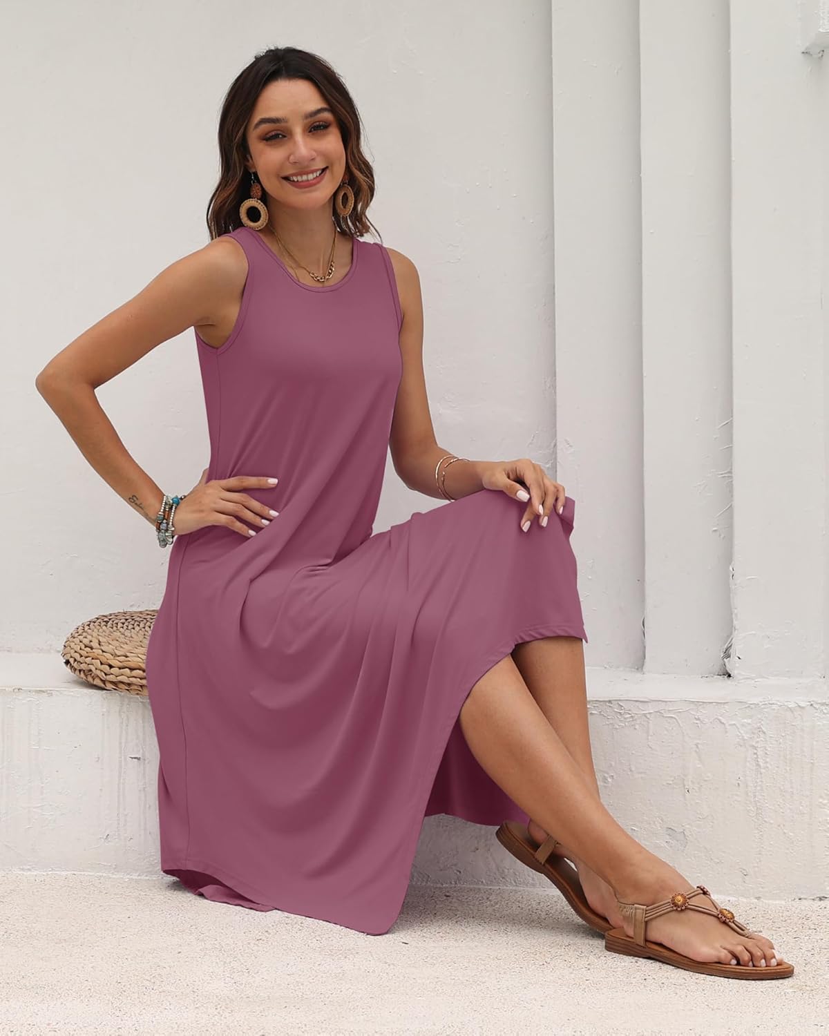 AUSELILY Women's Summer Dresses 2025 Casual Sleeveless Sundress Asymmetrical Hem Midi Tank Beach Dress with Pockets Mauve L - Image 3