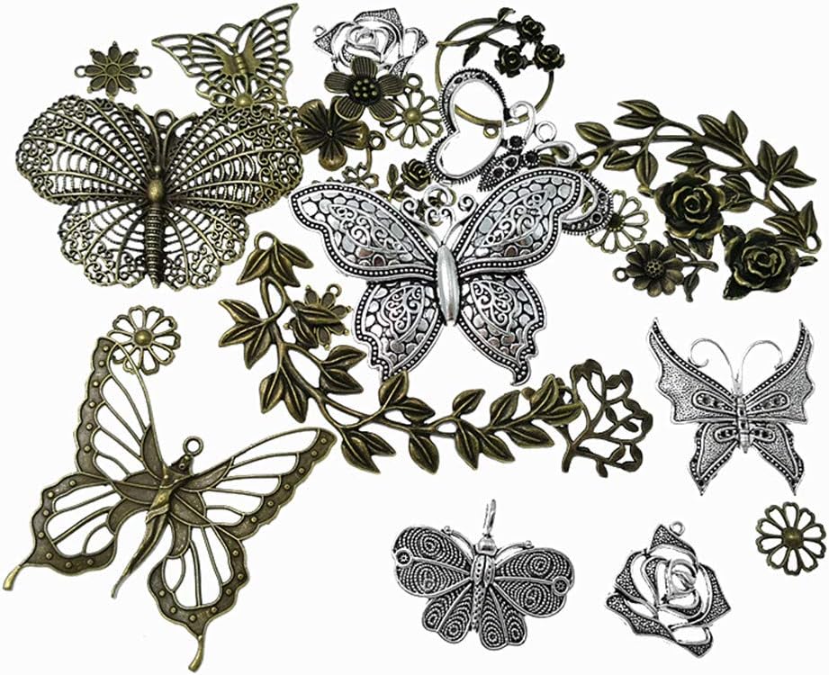Butterfly Flower Leaf Charm Pendant for DIY Jewelry Making Accessaries(29pcs,Silver&Bronze Tones)