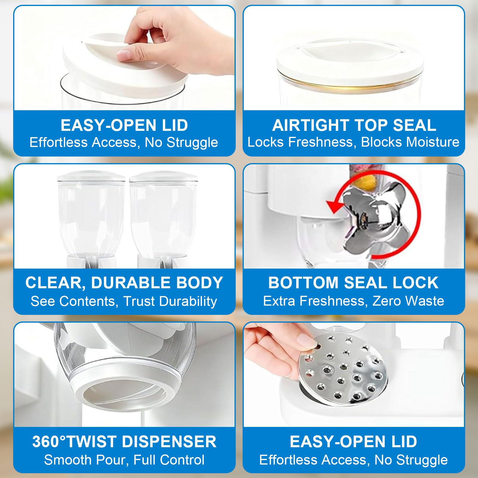Dispenser per cereali da banco 2L, contenitore ermetico per l'organizzazione della dispensa, set di contenitori ermetici per cereali, riso, chicchi, dolci (doppio 4L bianco)