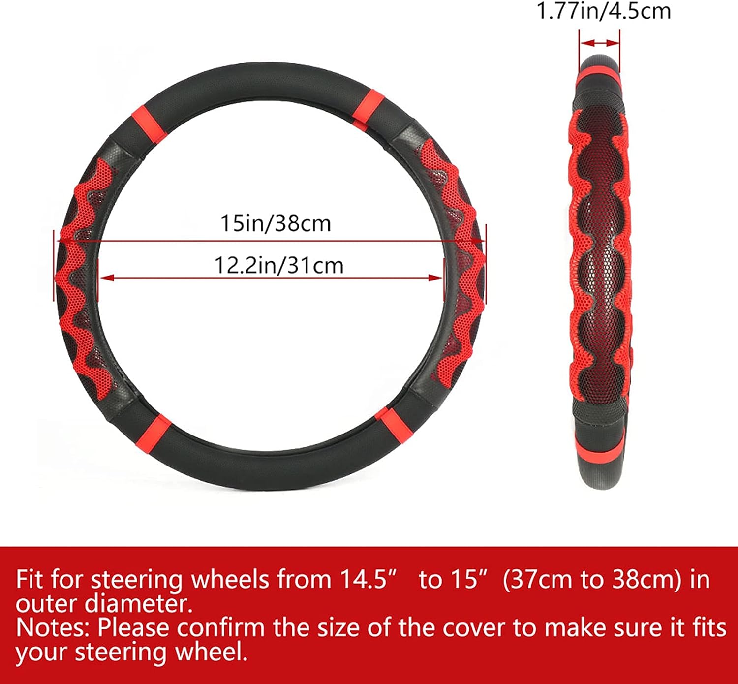 SZUAH Steering Wheel Covers, 15 Inch Universal Microfiber Leather Anti-Slip Steering Wheel Protector, Heat Resistant, Breathable & Odorless for Auto Car Accessories, Red