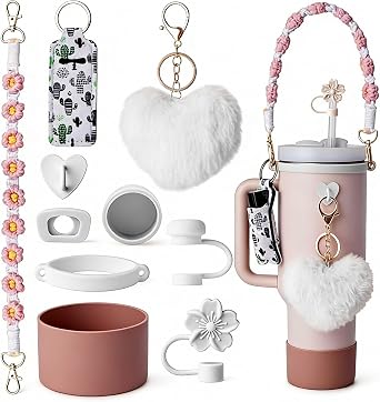 10PCS Stanley Cup Accessories Set for 30oz 40oz Tumbler,Including Silicone Stanley Cup Boot Straw Cover, Spill Stopper,Heart Charm, Water Bottle Handle Strap&Tumbler Charms Decorations(White)