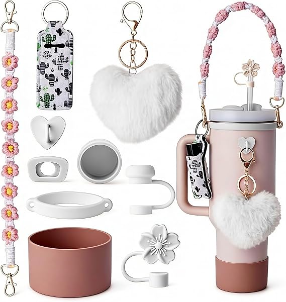 10PCS Stanley Cup Accessories Set for 30oz 40oz Tumbler,Including Silicone Stanley Cup Boot Straw Cover, Spill Stopper,Heart Charm, Water Bottle Handle Strap&Tumbler Charms Decorations(White)