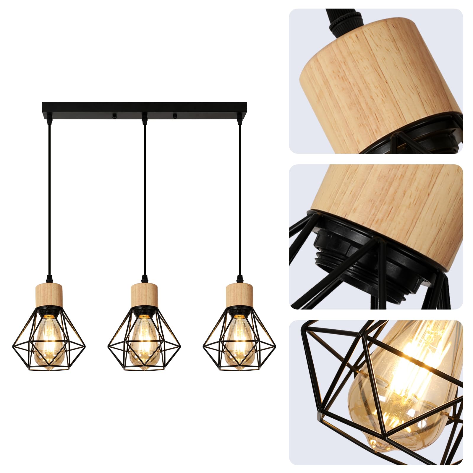 Vintage lampy wiszące, żyrandol przemysłowy E27, 3 przemysłowe lampy sufitowe w stylu vintage, żyrandol klatkowy z czarnego metalu, nowoczesny żyrandol do salonu, kuchni, sypialni
