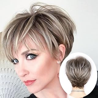 Lady Miranda Brown Mixed Blonde Color Short Layer Nature Curly with Bangs Synthetic Wig Heat Resistant Weave Full Wigs for Women (Brown-blonde)