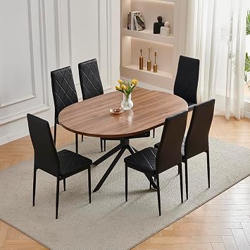 Rainbow Tree 100-140cm Extendable Round Dining Table and Chairs Set 6 People, Space Saving Dining Table with 6 Black Leather Chairs for Dining Room