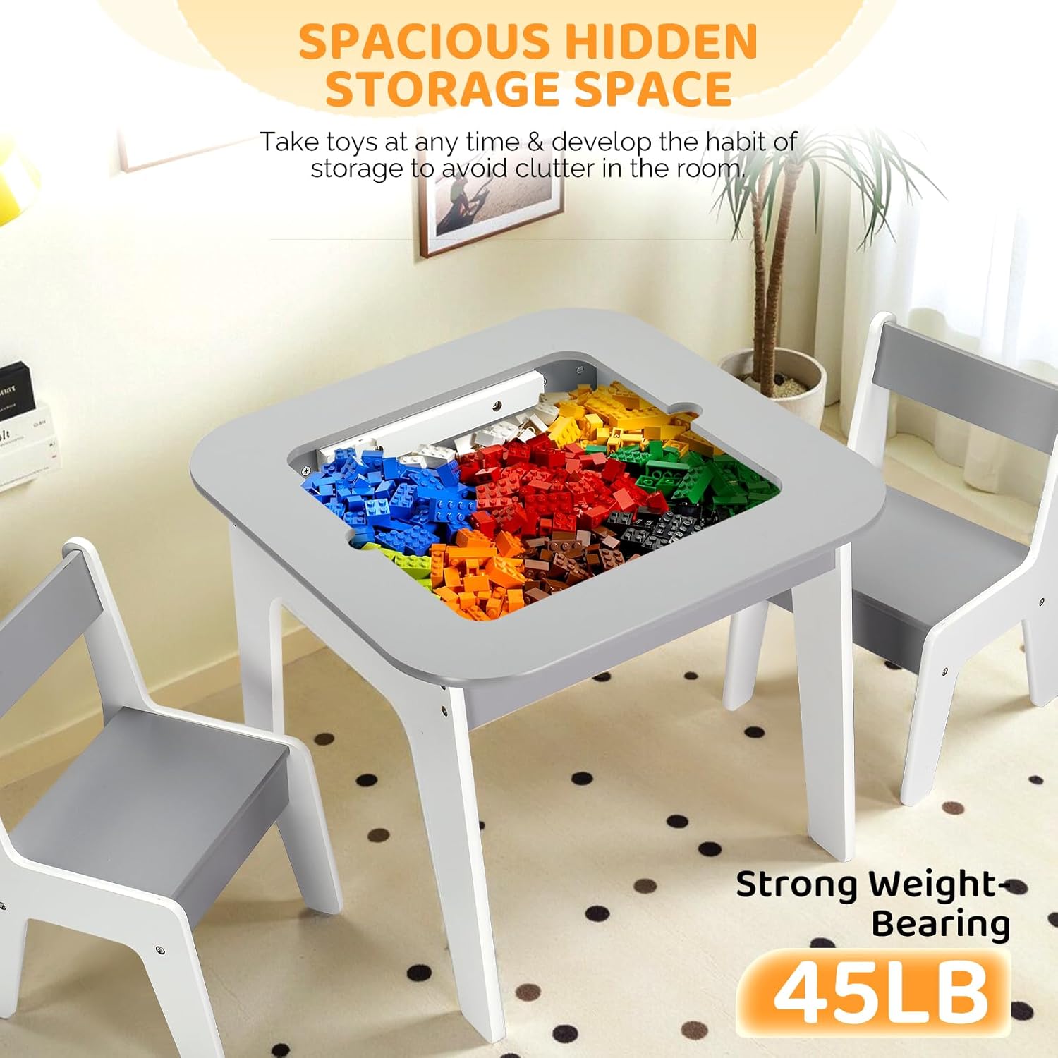 JOYMOR Toddler Table and Chair Set with Storage, 4-in-1 Tabletops Kids Table and Chairs for Crafts (Building-Blocks Board, Blackboard, Whiteboard), Wooden Activity Table for Toddlers Playing (Grey)