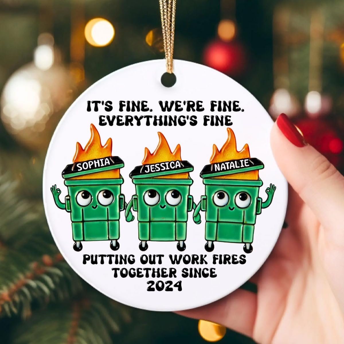 Putting Out Work Fires Together Work Bestie Dumpster Fire Funny Gift for Colleagues, Co Worker Gifts Christmas, Funny Coworker Gifts, Personalized Ceramic Ornament - Image 5