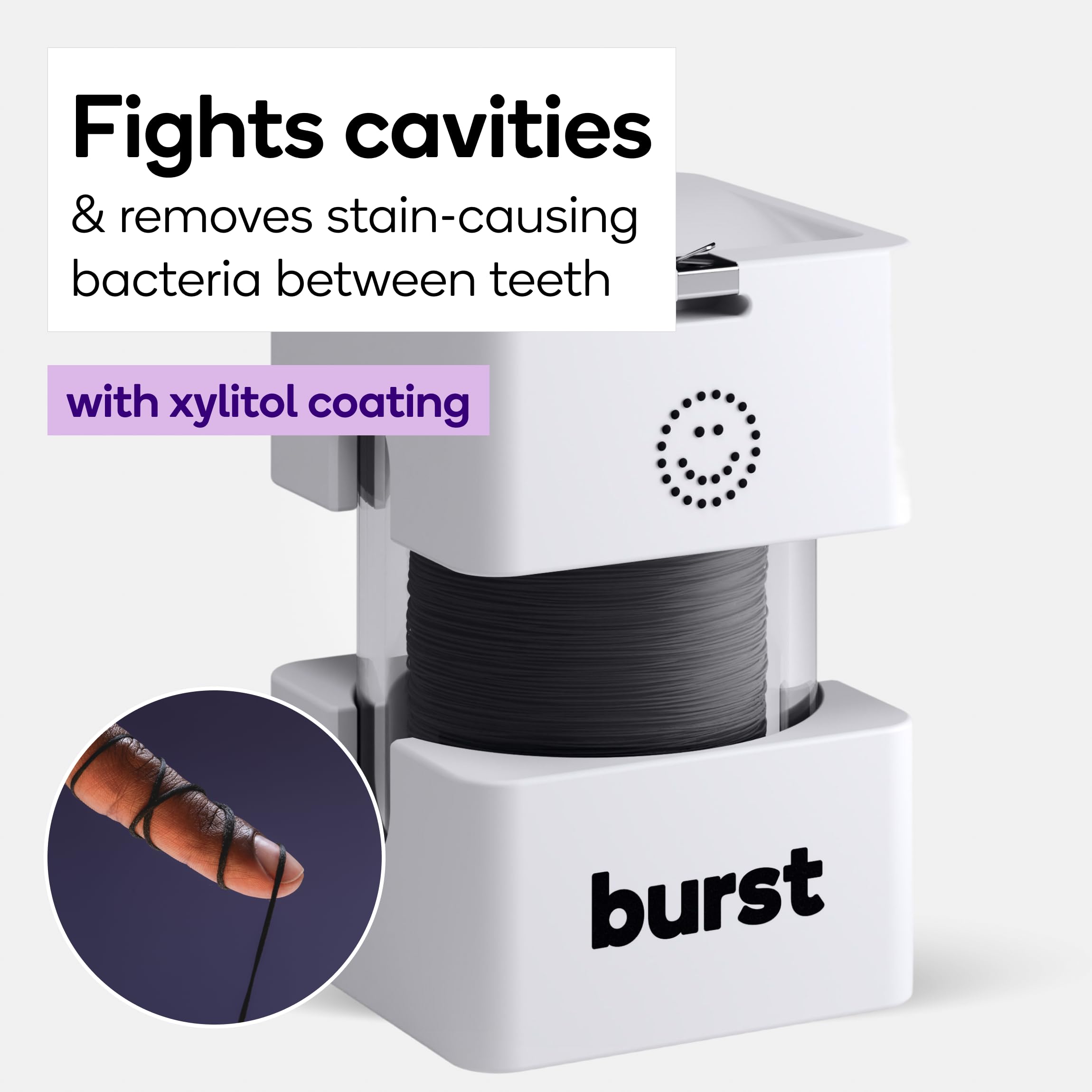 Burst Big - Dispensador de hilo dental (273 yardas, carrete XL) | eucalipto menta | Hilo dental absorbente de manchas y tejido expandible con revestimiento de xilitol para combatir las caries | Vegano