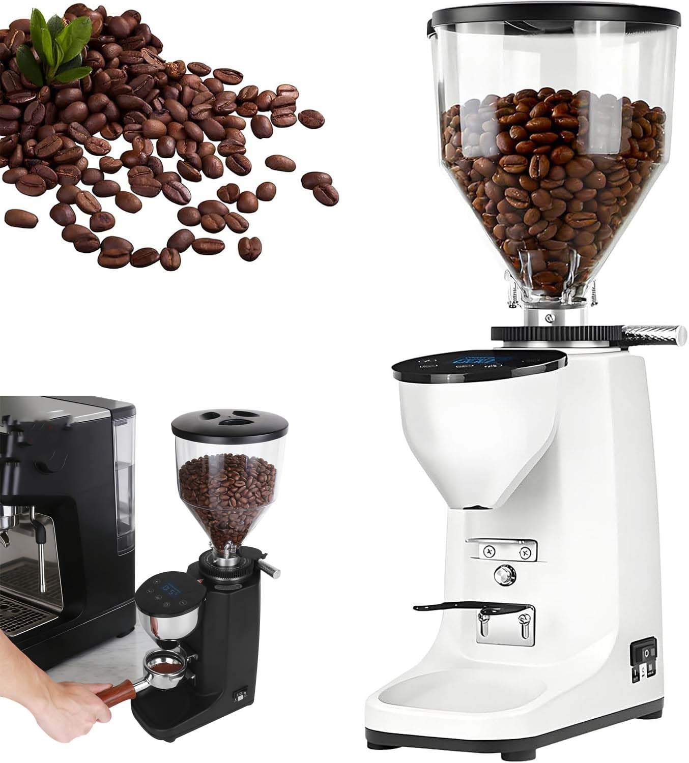 Elektryczny młynek do kawy żarnowy 500g, płaski żarnik 60mm z 19 precyzyjnymi ustawieniami, cyfrowe sterowanie z ekranem dotykowym, młynek dozujący espresso do kawiarni domowej, 22x14x47cm white