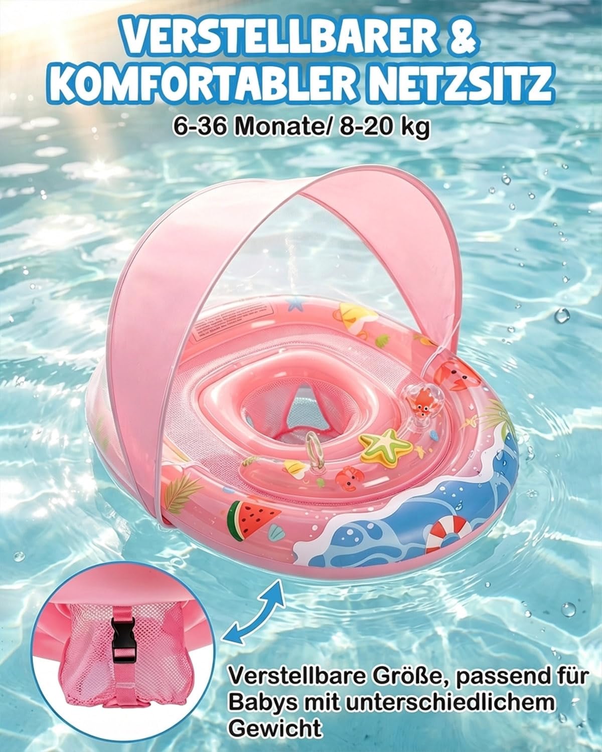 Schwimmring Baby, Aufblasbarer Baby-Schwimmkörper mit UPF50+ Sonnendach, Doppelkreis Design, Verstellbarer Sicherheitssitz, Kippschutz, Schwimmhilfe Kinder ab 6-36 Monate